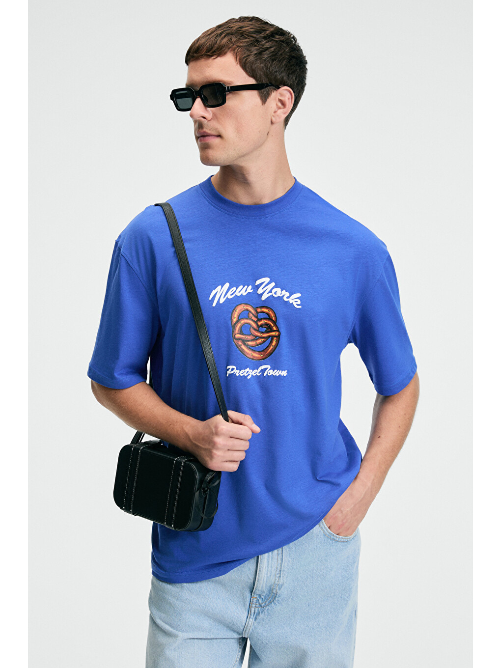Mavi Crısp Erkek Oversize %100 Pamuk Baskılı Yuvarlak Yaka Saks T-shirt-2