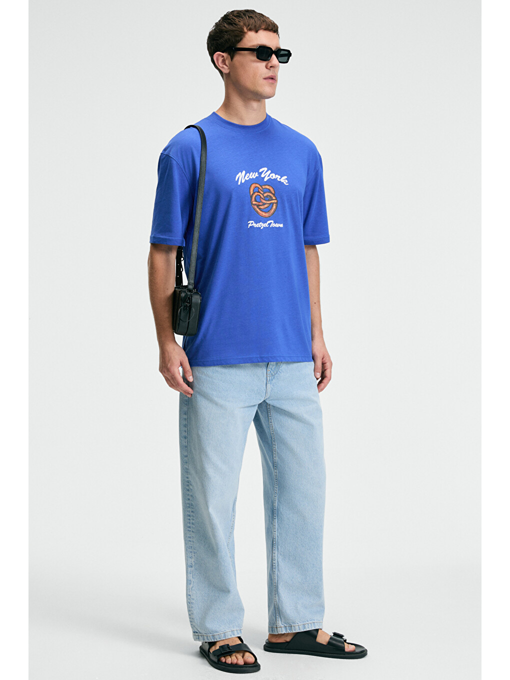 Mavi Crısp Erkek Oversize %100 Pamuk Baskılı Yuvarlak Yaka Saks T-shirt-3