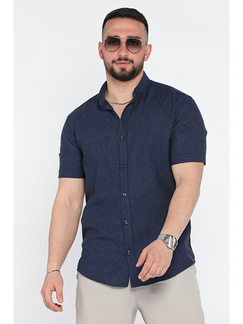 Lacivert Erkek Kısa Kol Keten Gömlek