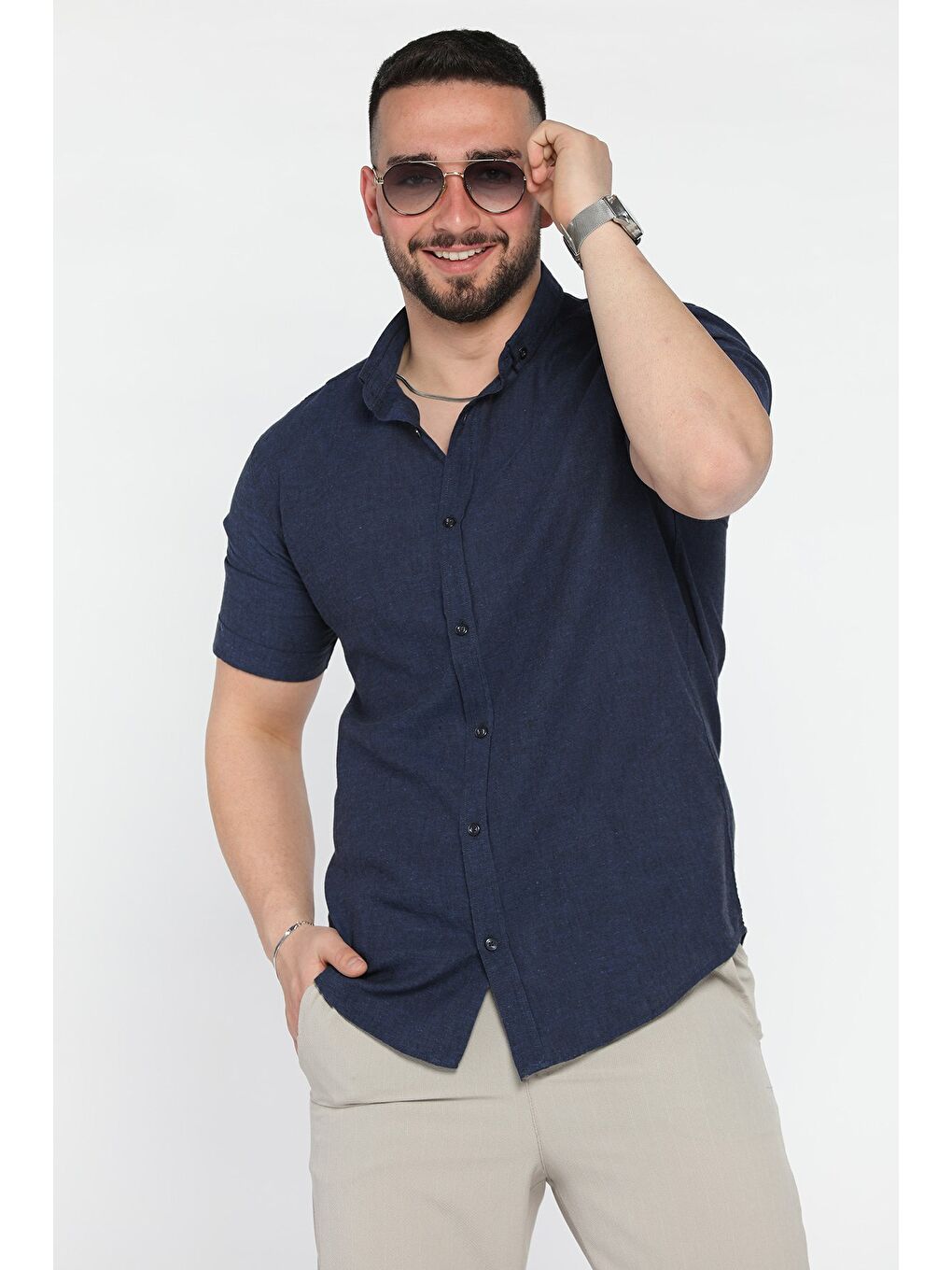 Lacivert Erkek Kısa Kol Keten Gömlek-1