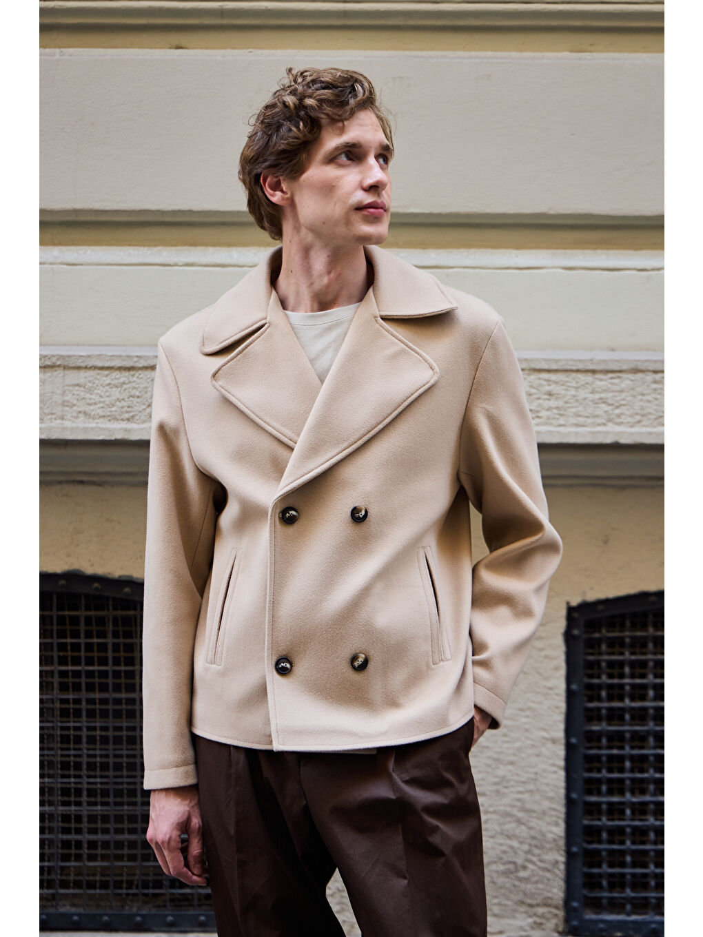 Erkek Kruvaze Kaşe Mont Ceket Bej-3