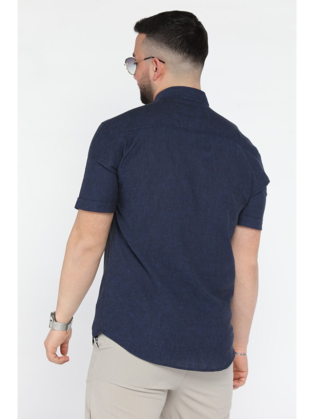 Lacivert Erkek Kısa Kol Keten Gömlek-2