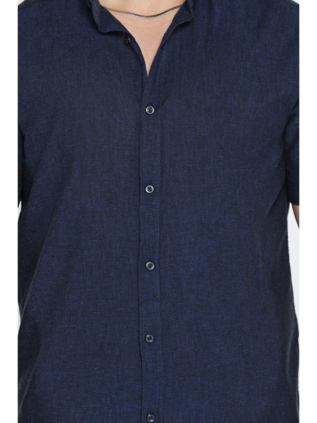 Lacivert Erkek Kısa Kol Keten Gömlek-3