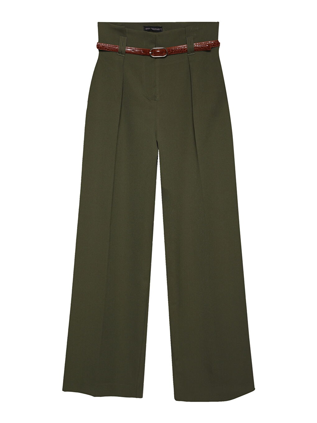 Kemer Detaylı Yüksek Bel Geniş Paça Pantolon Haki