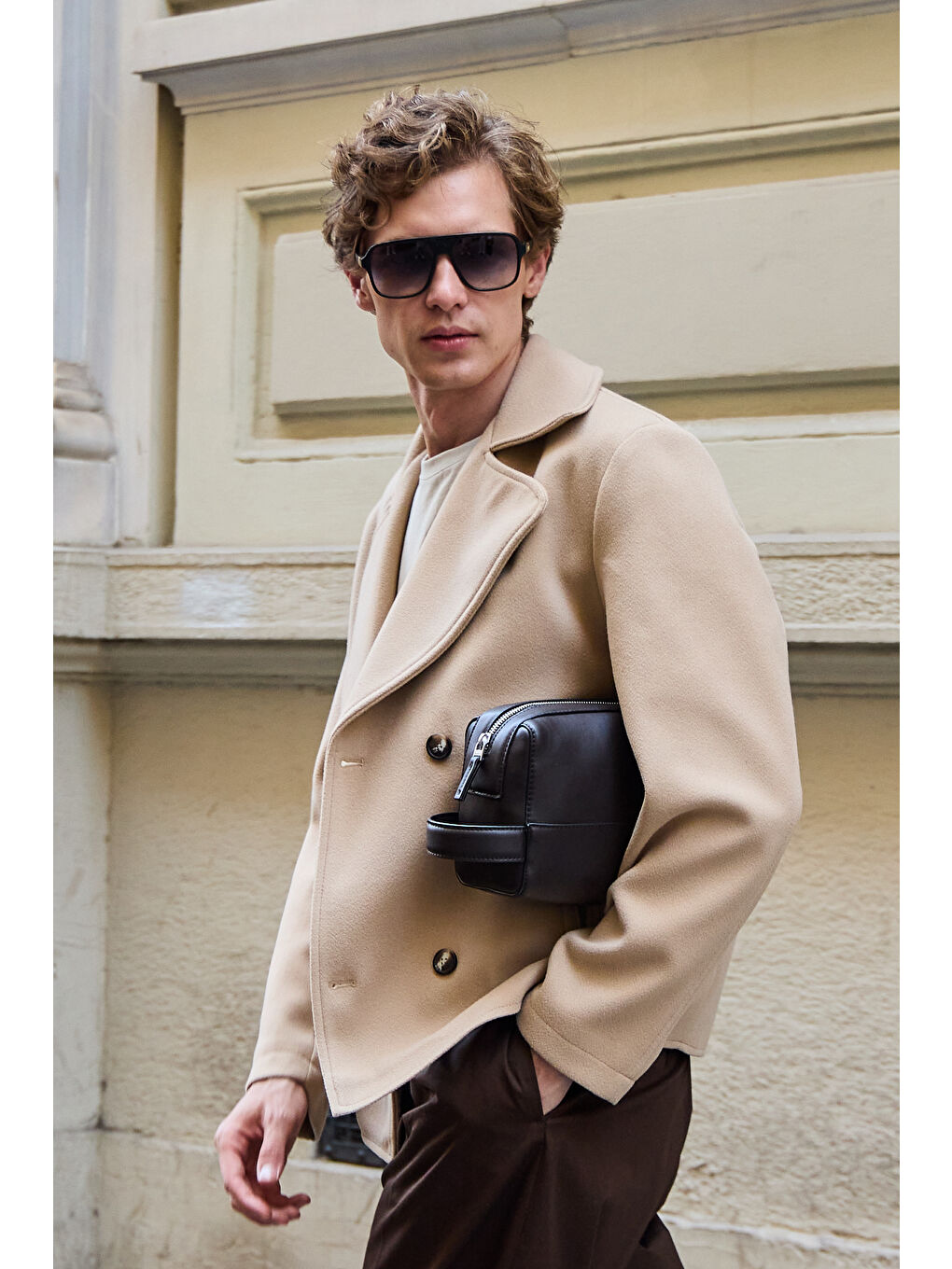 Erkek Kruvaze Kaşe Mont Ceket Bej-4