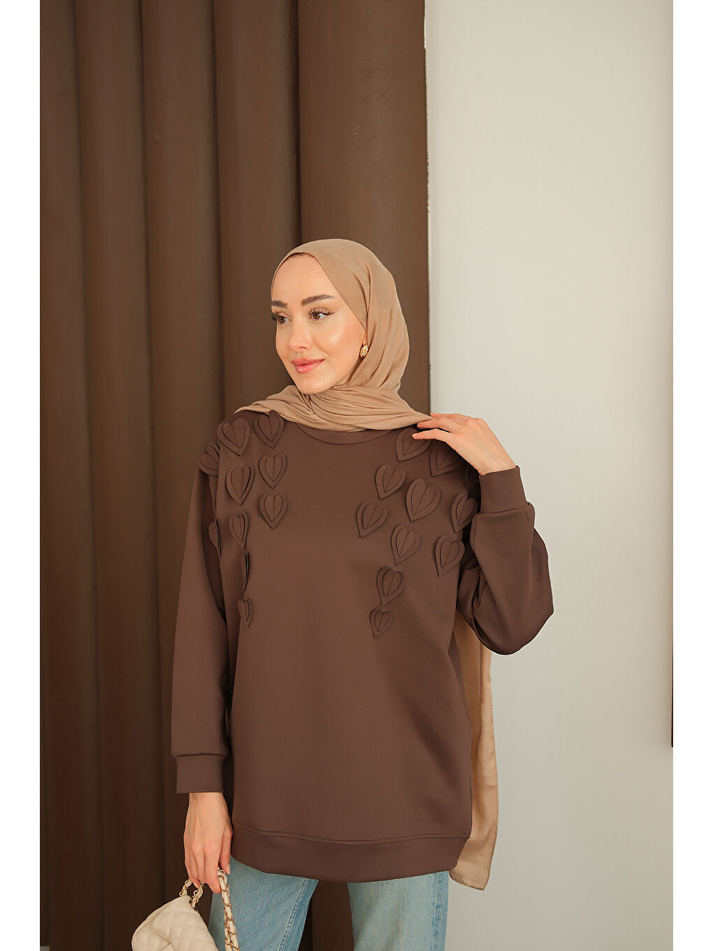 Kadın Kalp Detaylı Tunik Kahverengi-1
