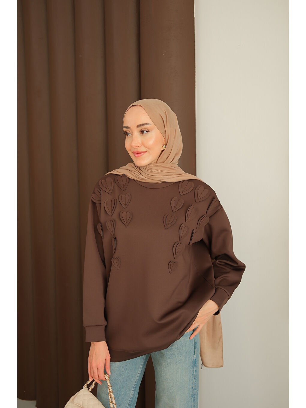 Kadın Kalp Detaylı Tunik Kahverengi-2