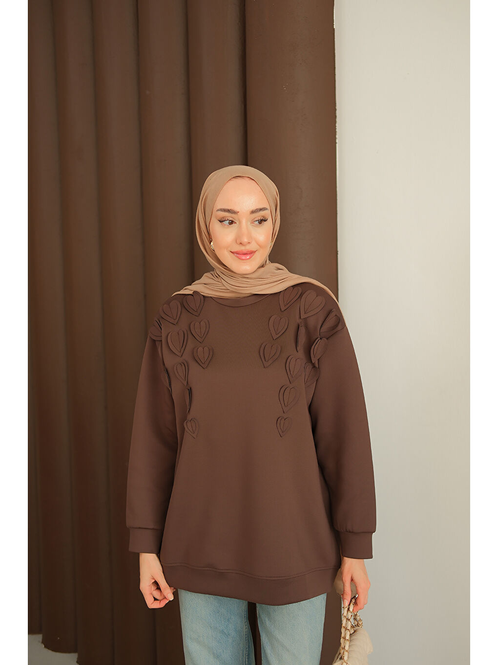 Kadın Kalp Detaylı Tunik Kahverengi-3