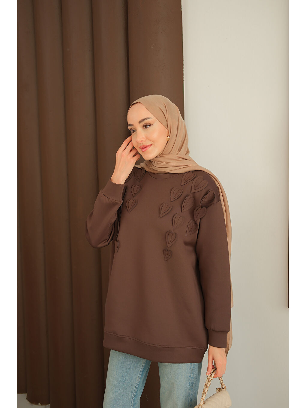 Kadın Kalp Detaylı Tunik Kahverengi-4
