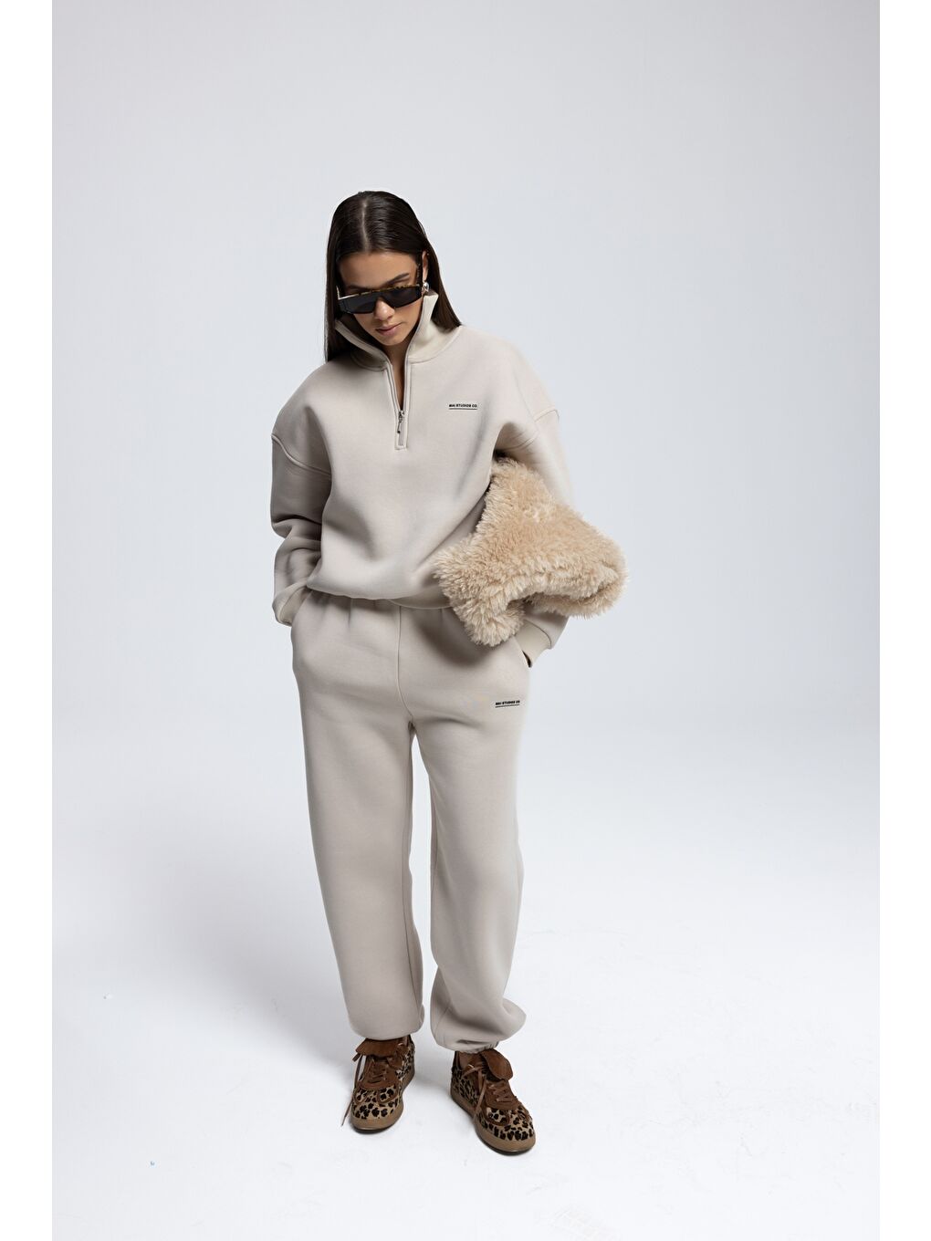 Beyaz Ravel Fermuarlı Detay Kemik Eşofman Takım