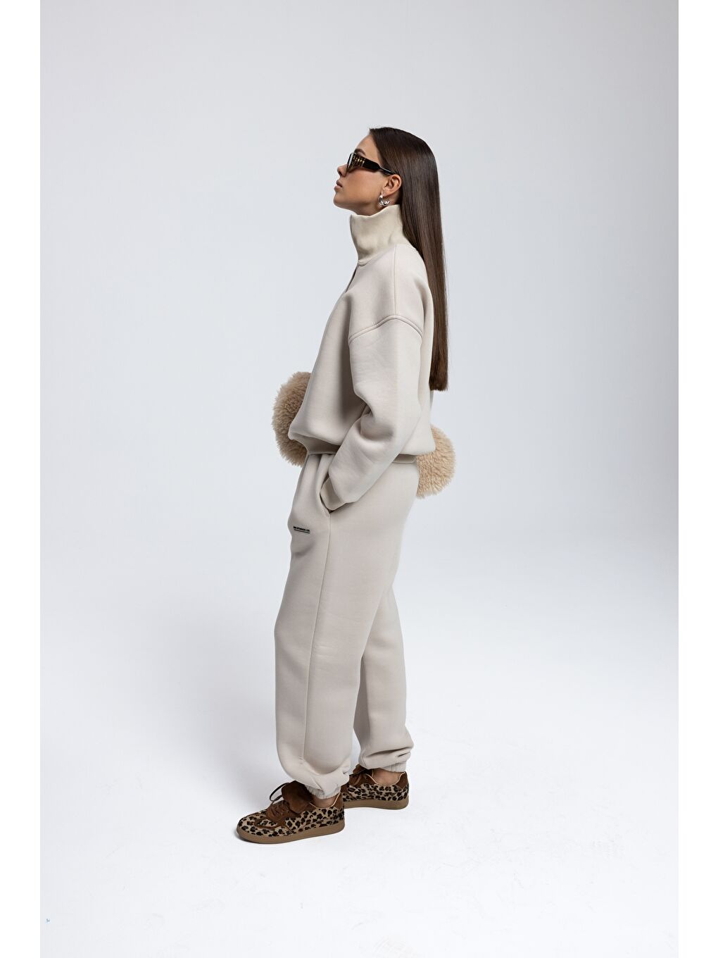 Beyaz Ravel Fermuarlı Detay Kemik Eşofman Takım-1