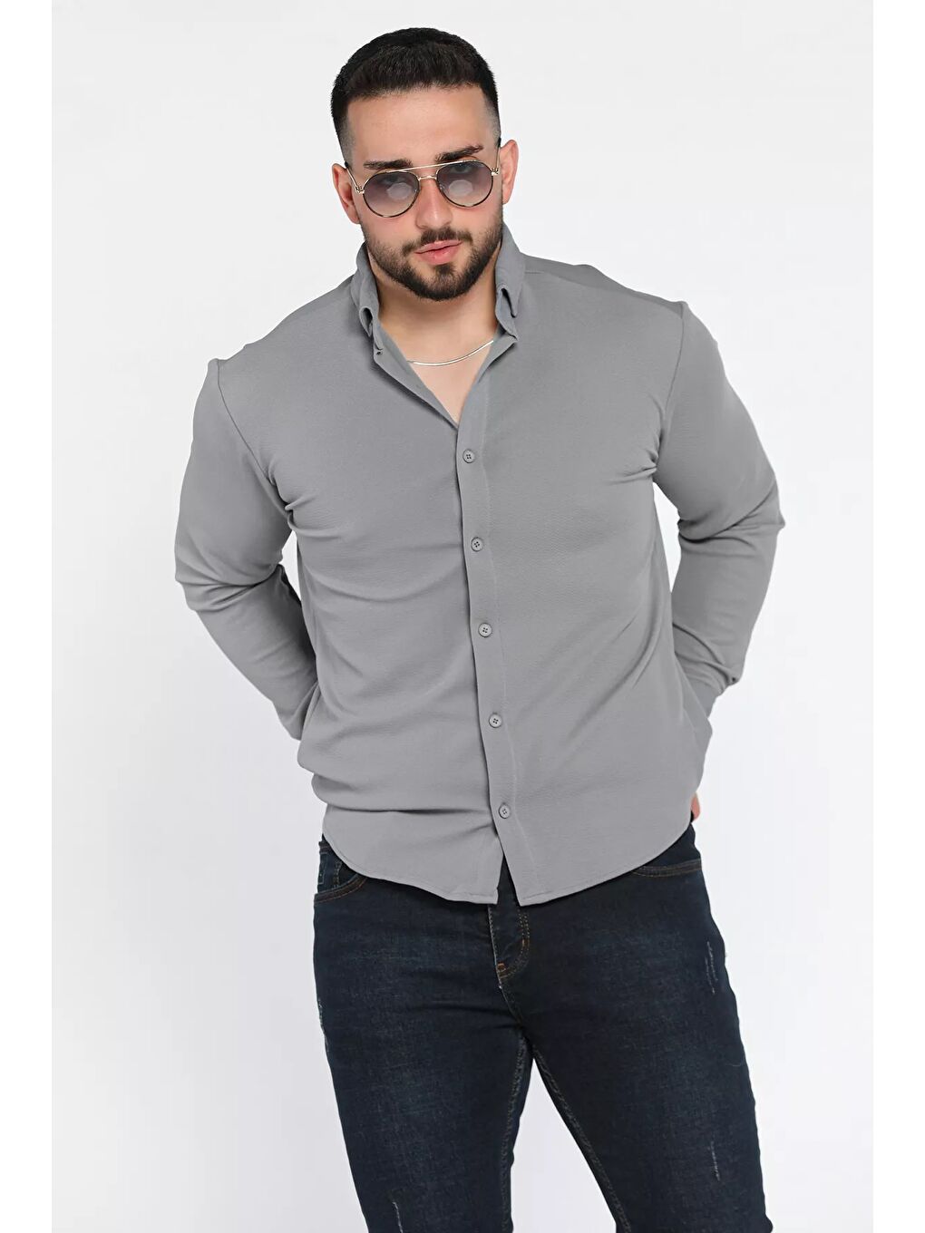 Gri Erkek Uzun Kol Gömlek-1