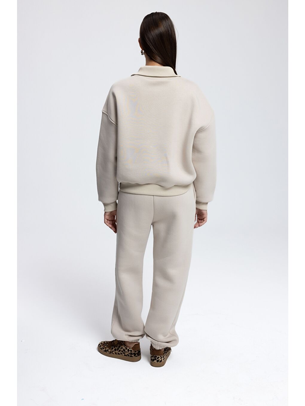 Beyaz Ravel Fermuarlı Detay Kemik Eşofman Takım-4