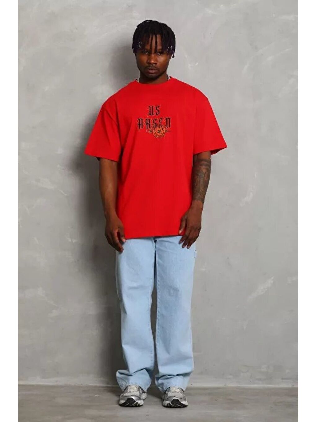Kırmızı Unisex Oversize Baskılı Bisiklet Yaka Tişört-1