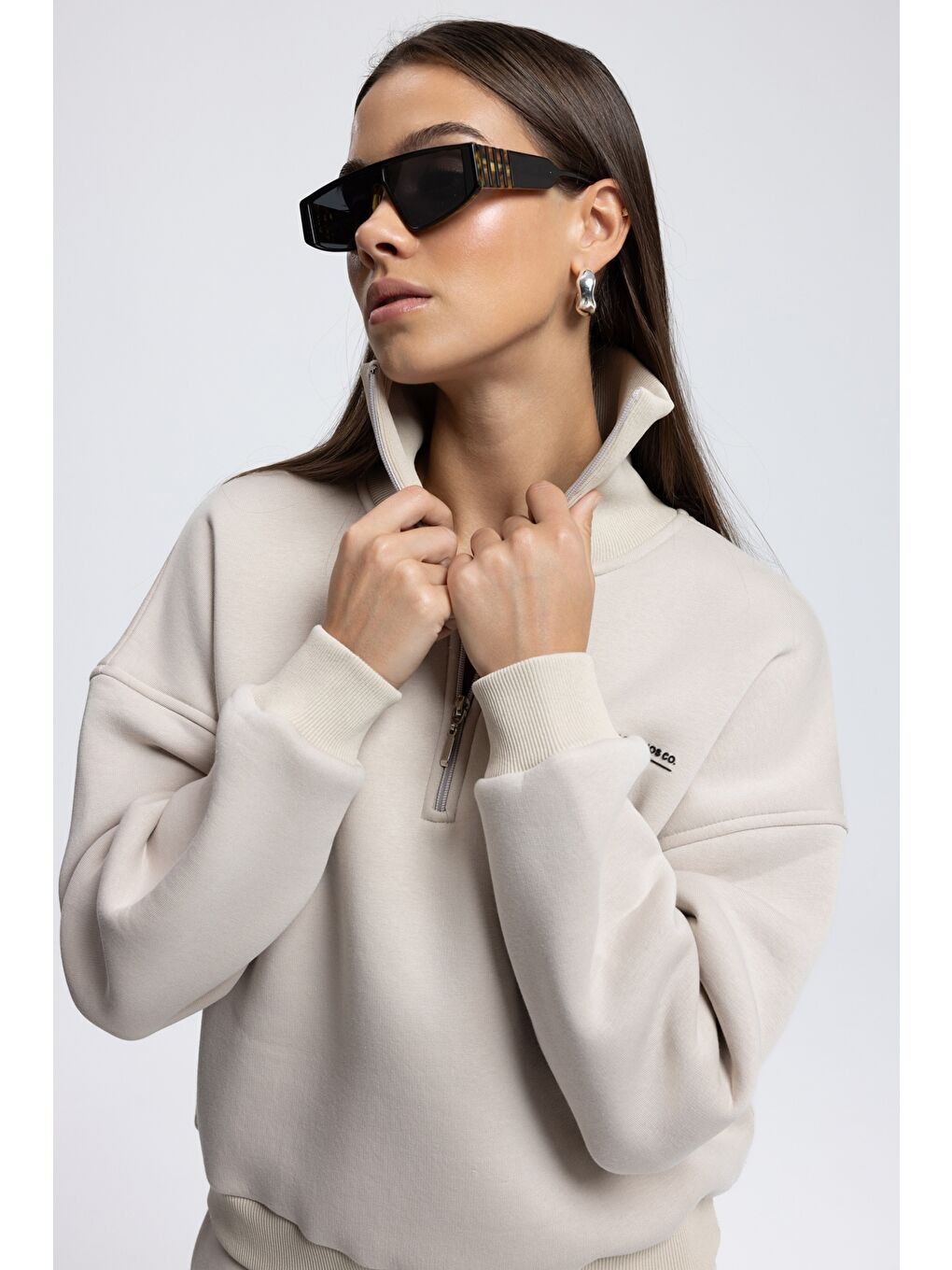 Beyaz Ravel Fermuarlı Detay Kemik Eşofman Takım-5