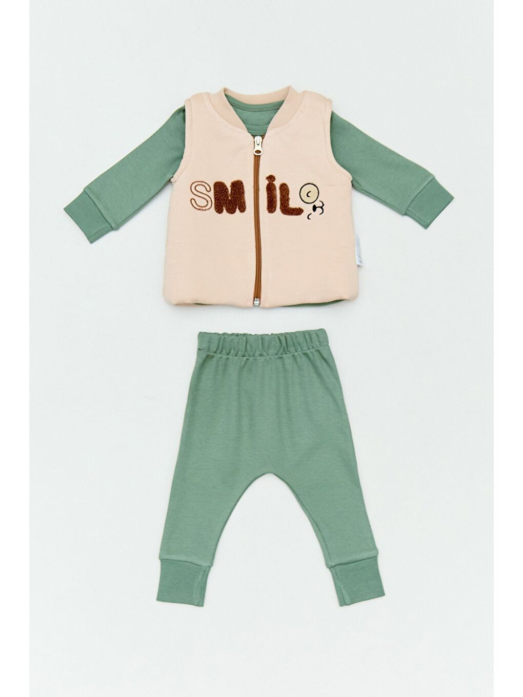 Haki %100 Pamuk Smile Nakışlı 3 Lü Unisex Çocuk Takım