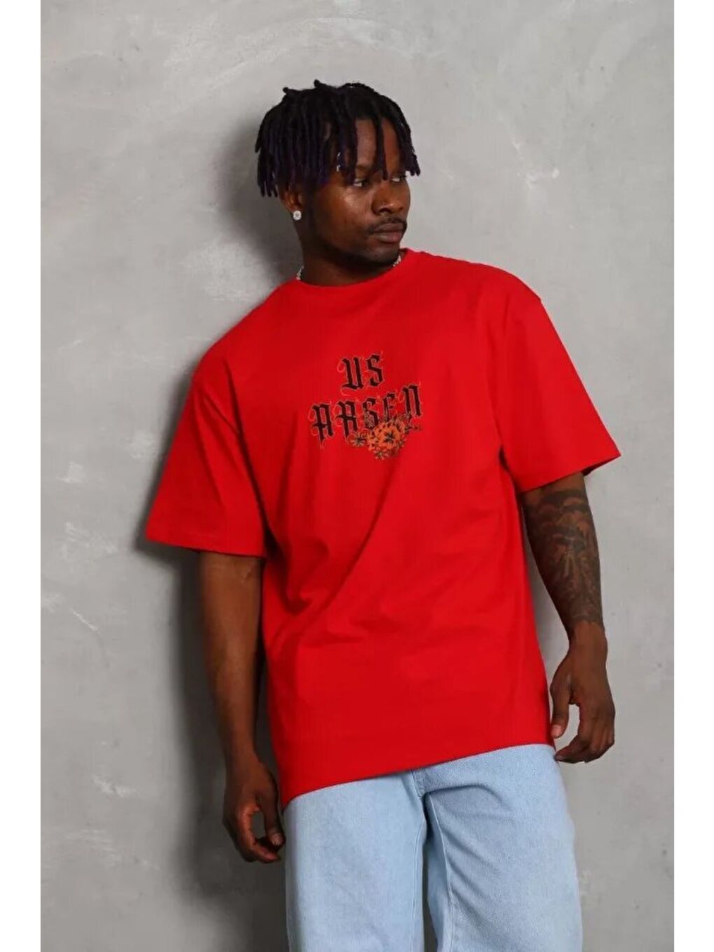 Kırmızı Unisex Oversize Baskılı Bisiklet Yaka Tişört-2