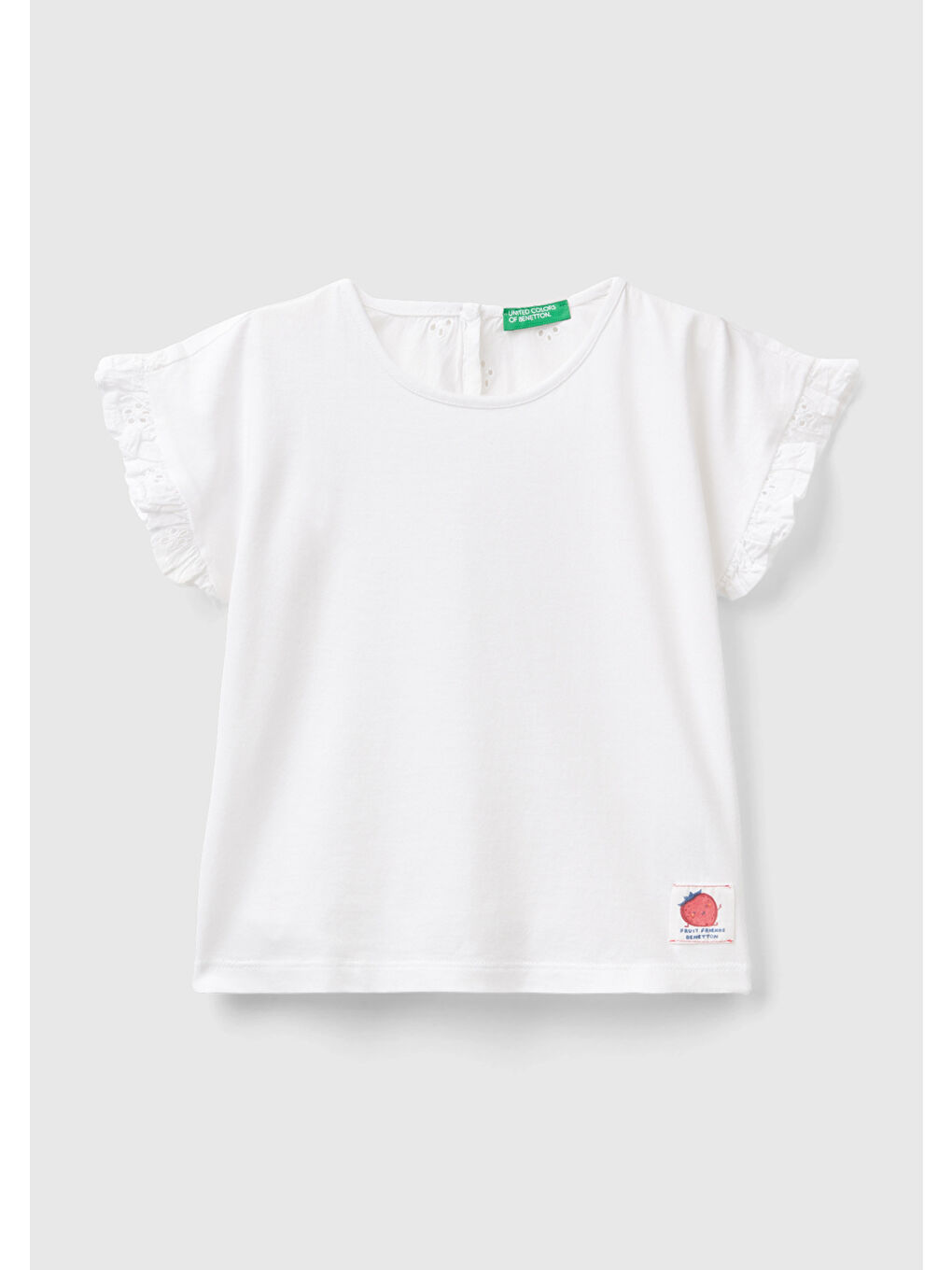 United Colors Of Benetton Beyaz Kız Çocuk Beyaz Arkası Desenli Önü Logo Detaylı Kolları Fırfırlı T-Shirt