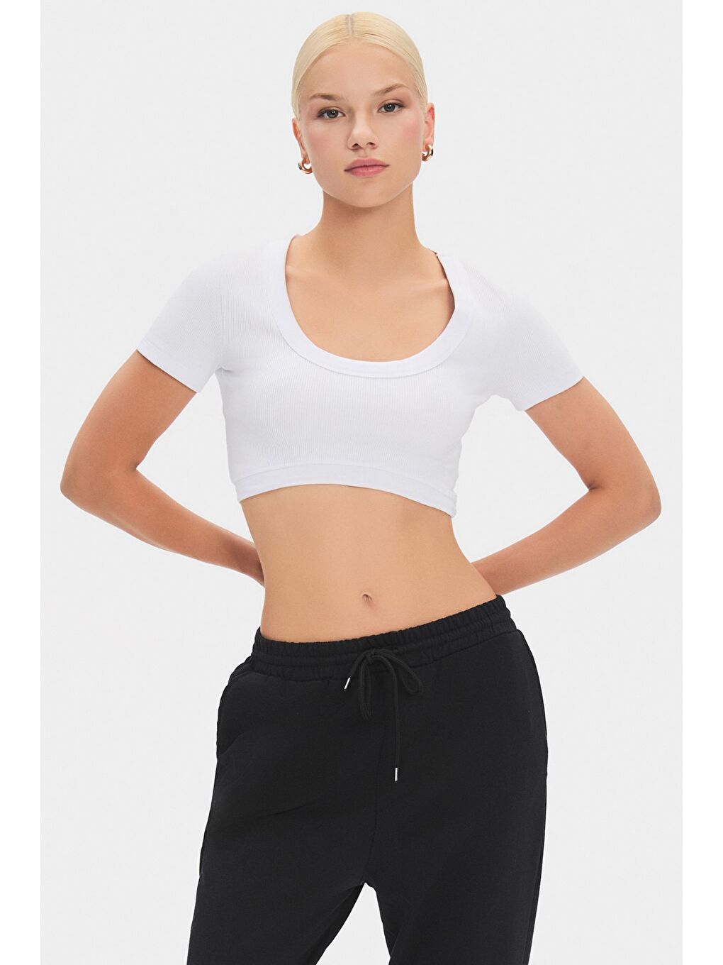 June Beyaz Kadın Pamuklu Fitilli Crop T-Shirt Short Sleeve