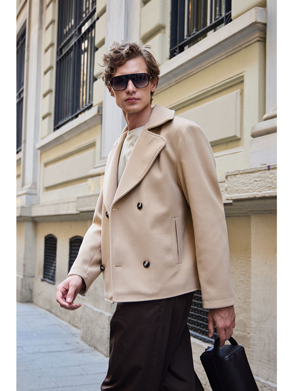 Erkek Kruvaze Kaşe Mont Ceket Bej-6