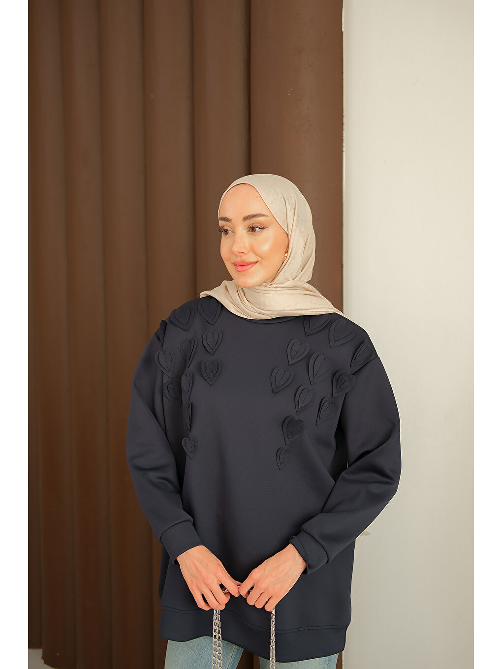 Kadın Kalp Detaylı Tunik Lacivert-1