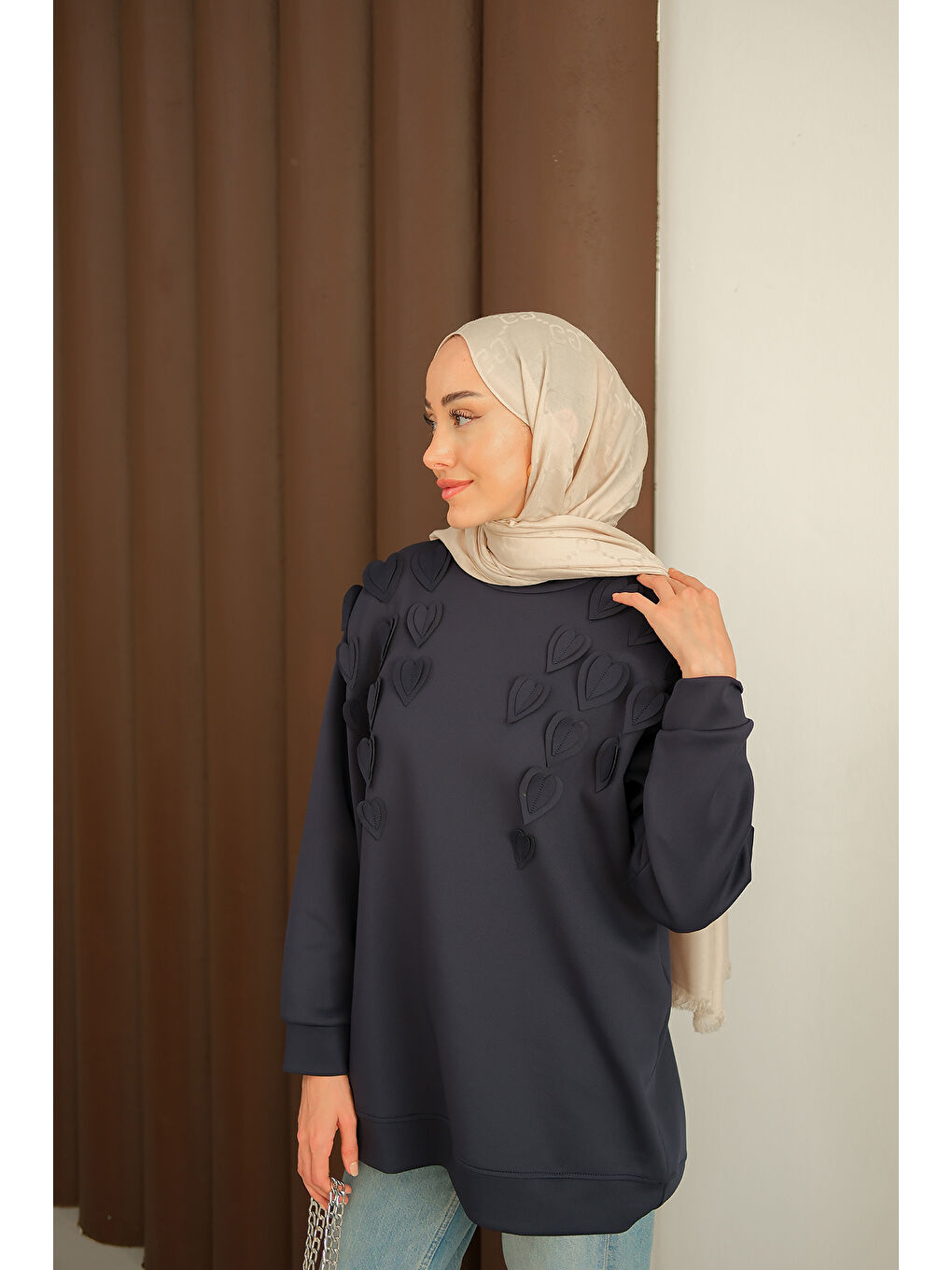 Kadın Kalp Detaylı Tunik Lacivert-2