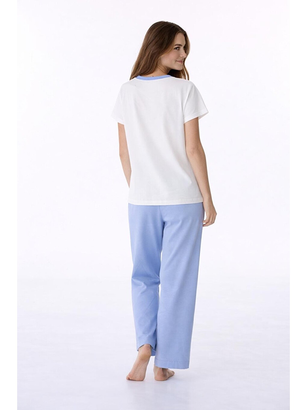 Beyaz Kadın Kısa Kollu Uzun Pantolonlu Pamuklu Pijama Takımı – Rest & Relax Baskılı Mavi-2