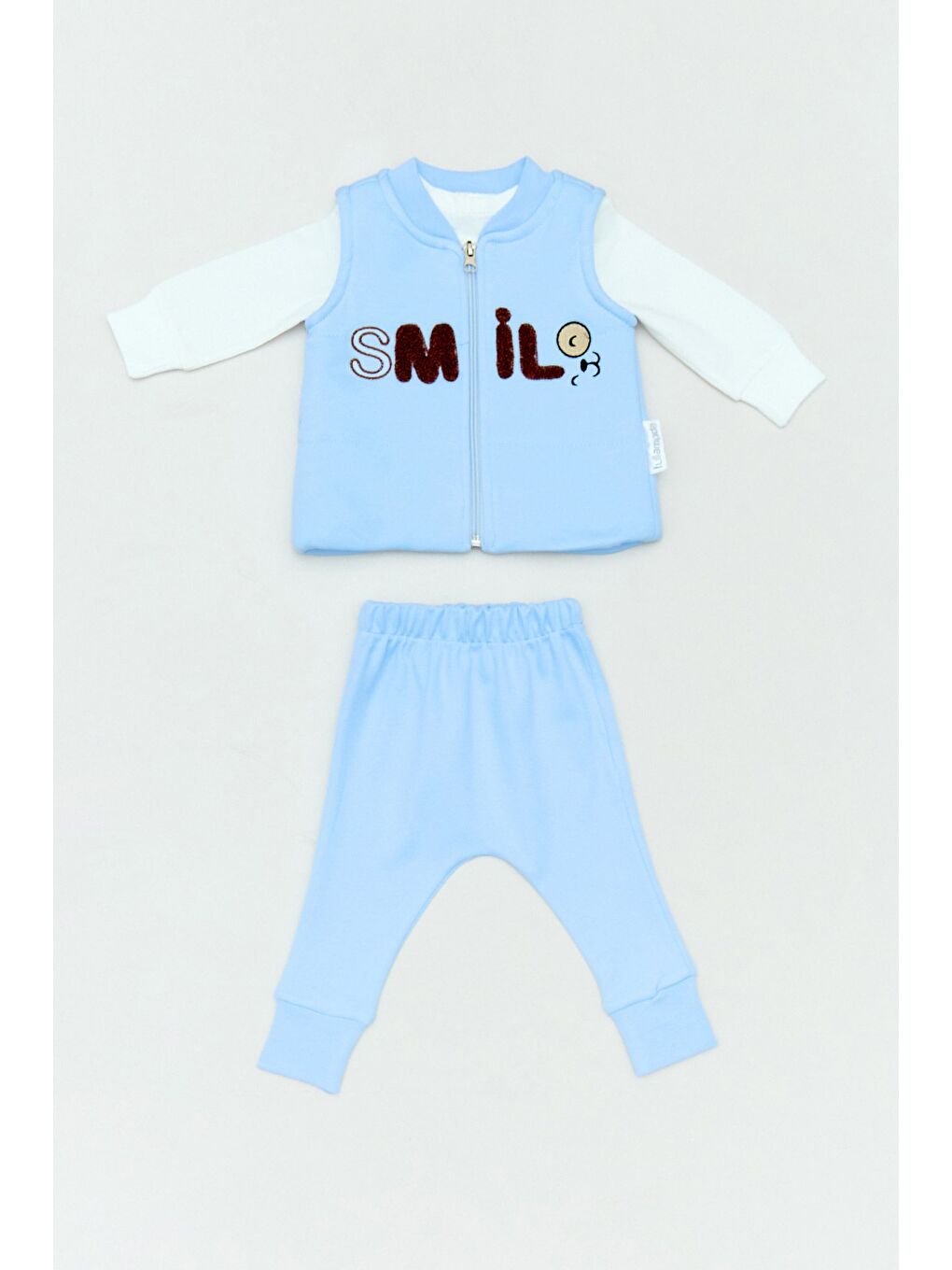 Mavi %100 Pamuk Smile Nakışlı 3 Lü Unisex Çocuk Takım