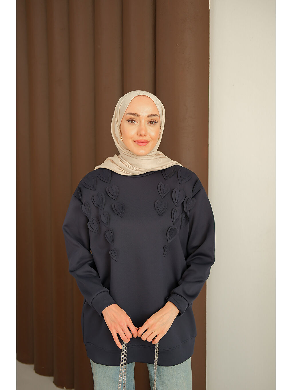 Kadın Kalp Detaylı Tunik Lacivert-3