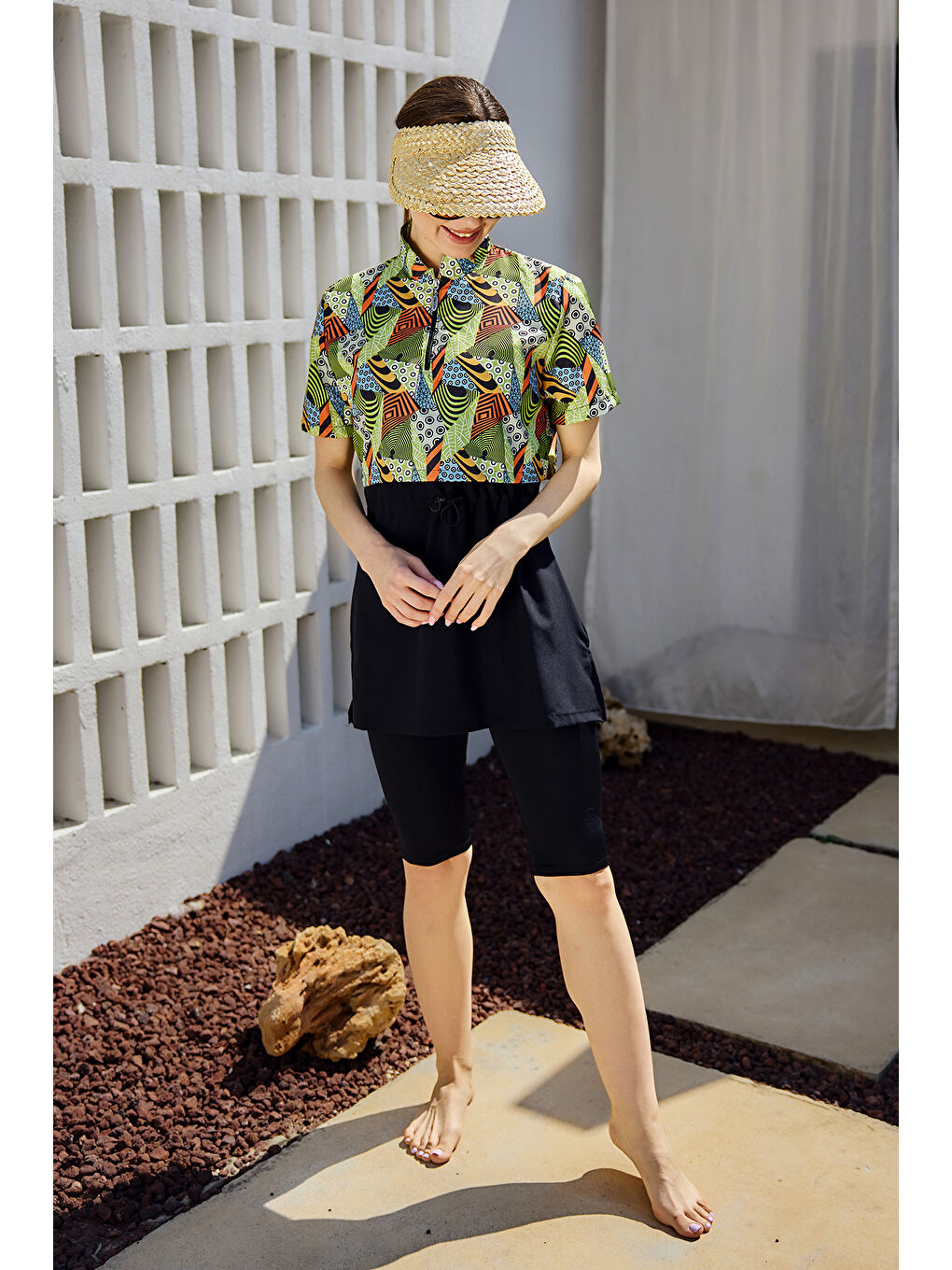 Önü Kapaklı Kısa Kollu Yarı Kapalı Tesettür Mayo Siyah04 R5304-2