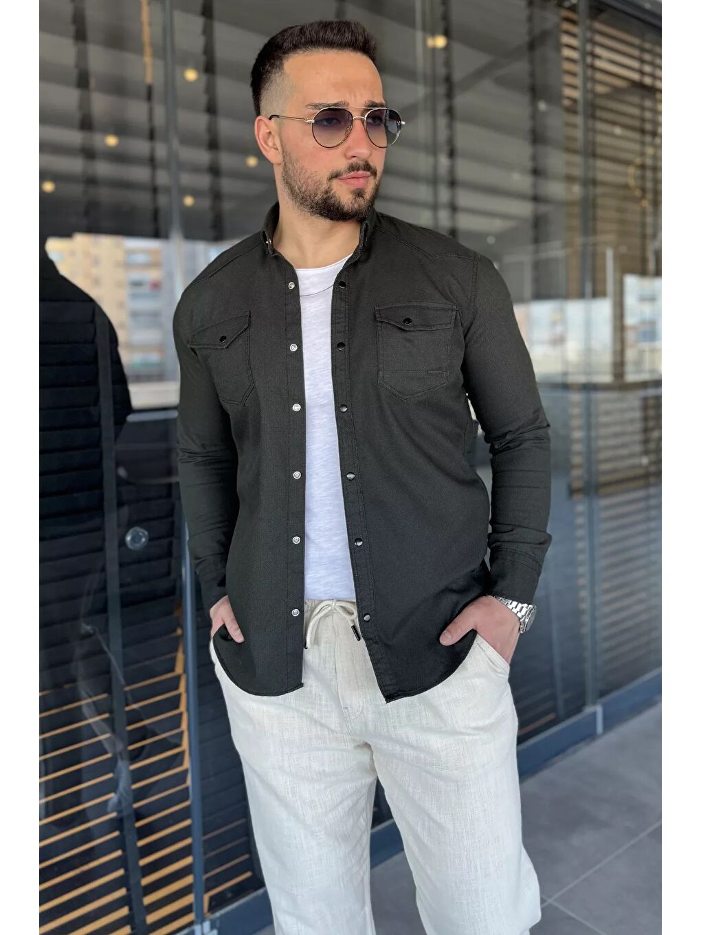 Haki Erkek Çıtçıtlı Gömlek