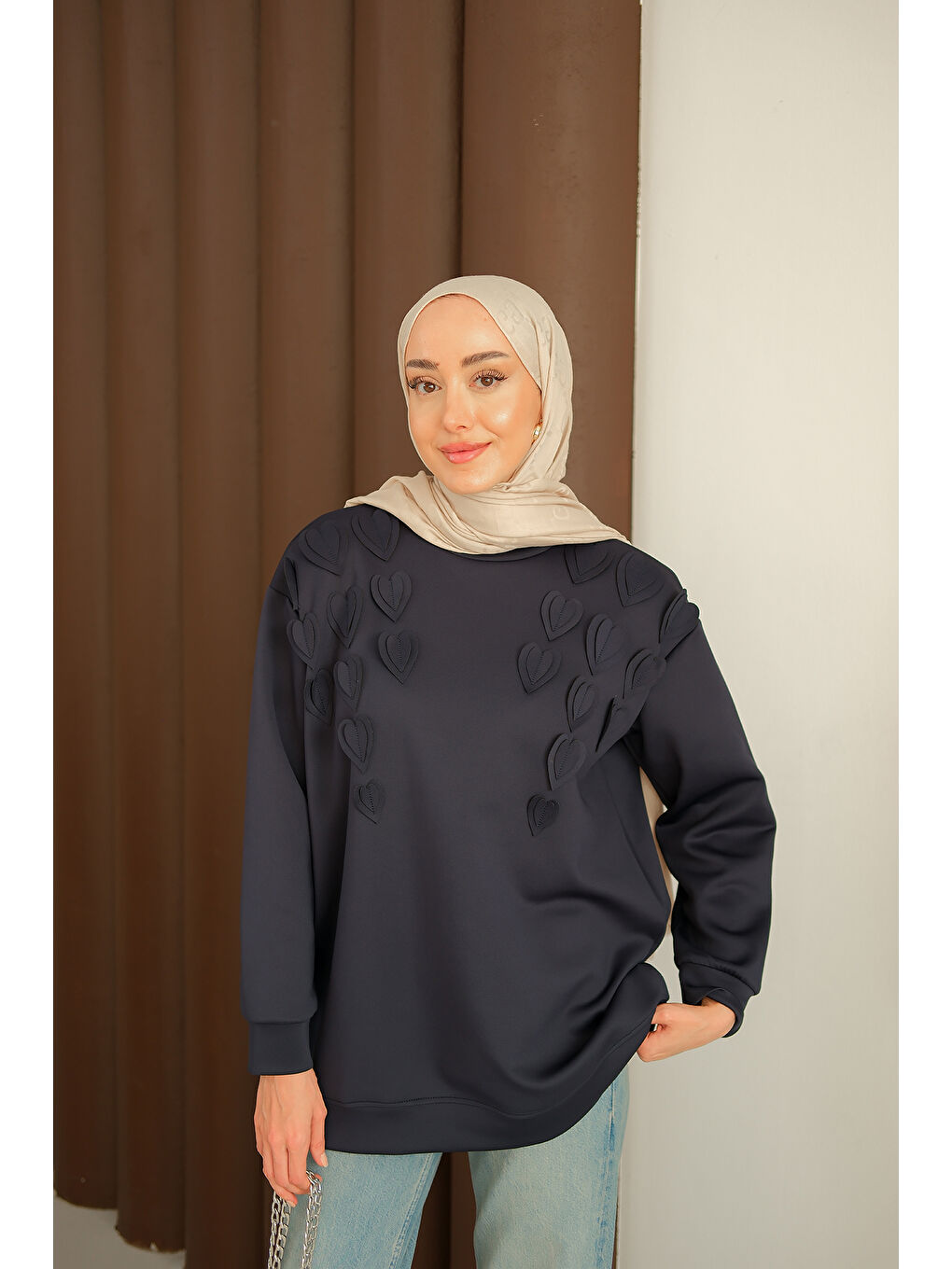 Kadın Kalp Detaylı Tunik Lacivert-4