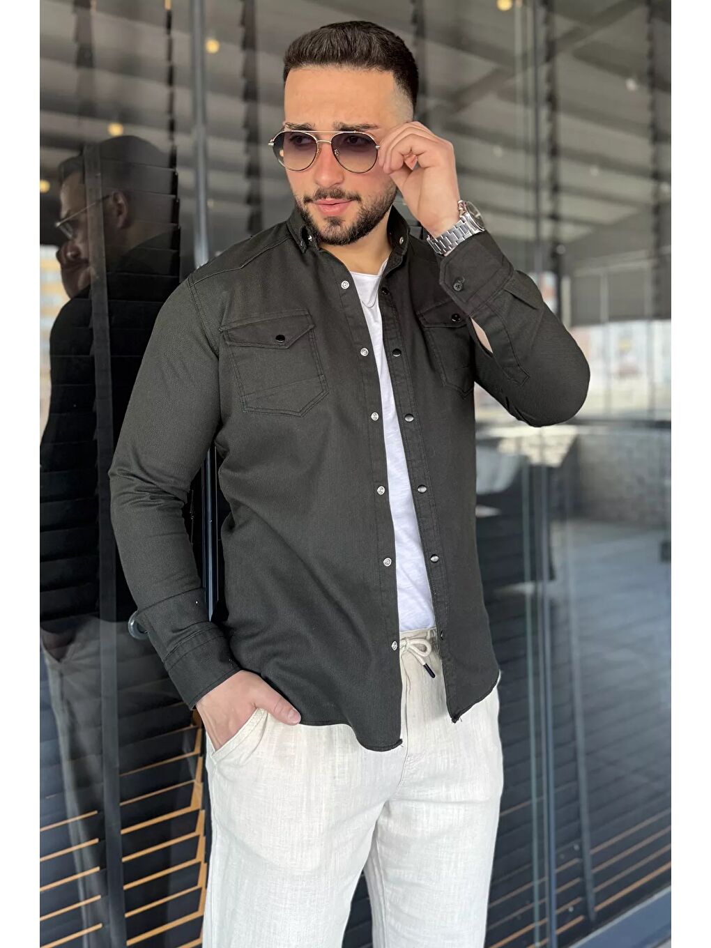 Haki Erkek Çıtçıtlı Gömlek-1