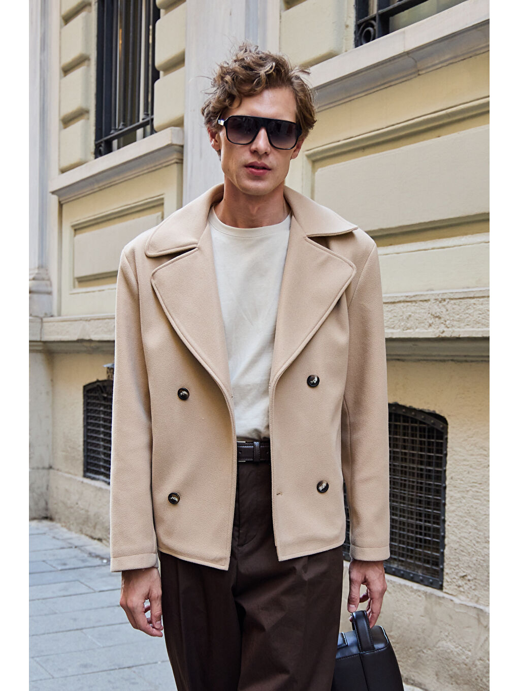 Erkek Kruvaze Kaşe Mont Ceket Bej-7
