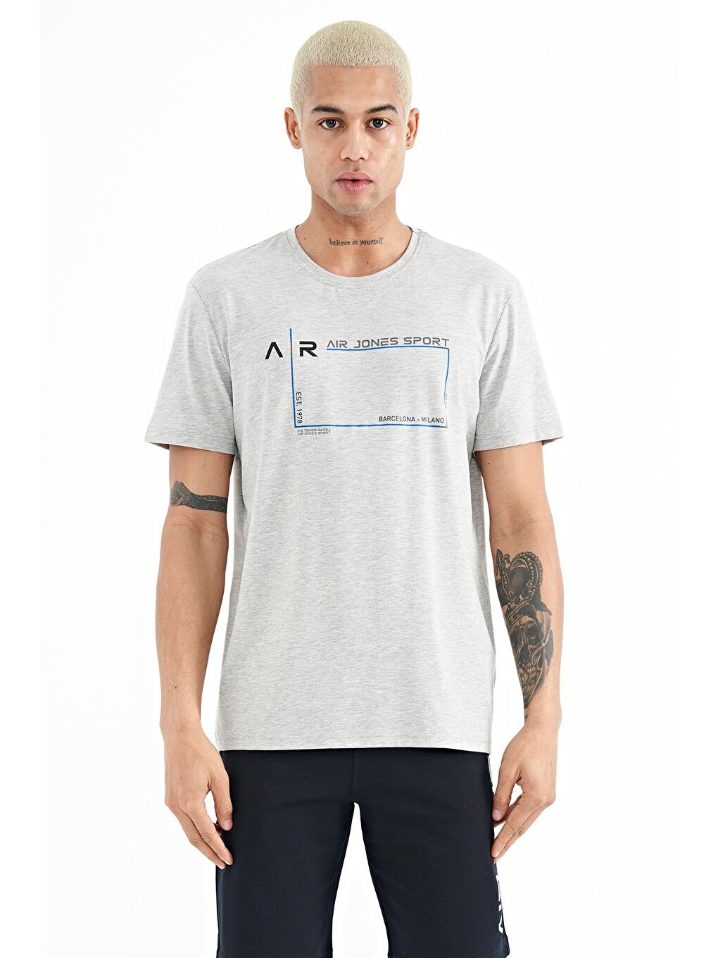 AIR JONES Gri Melanj Otis Gri Melanj Standart Kalıp Erkek T-Shirt - 88228