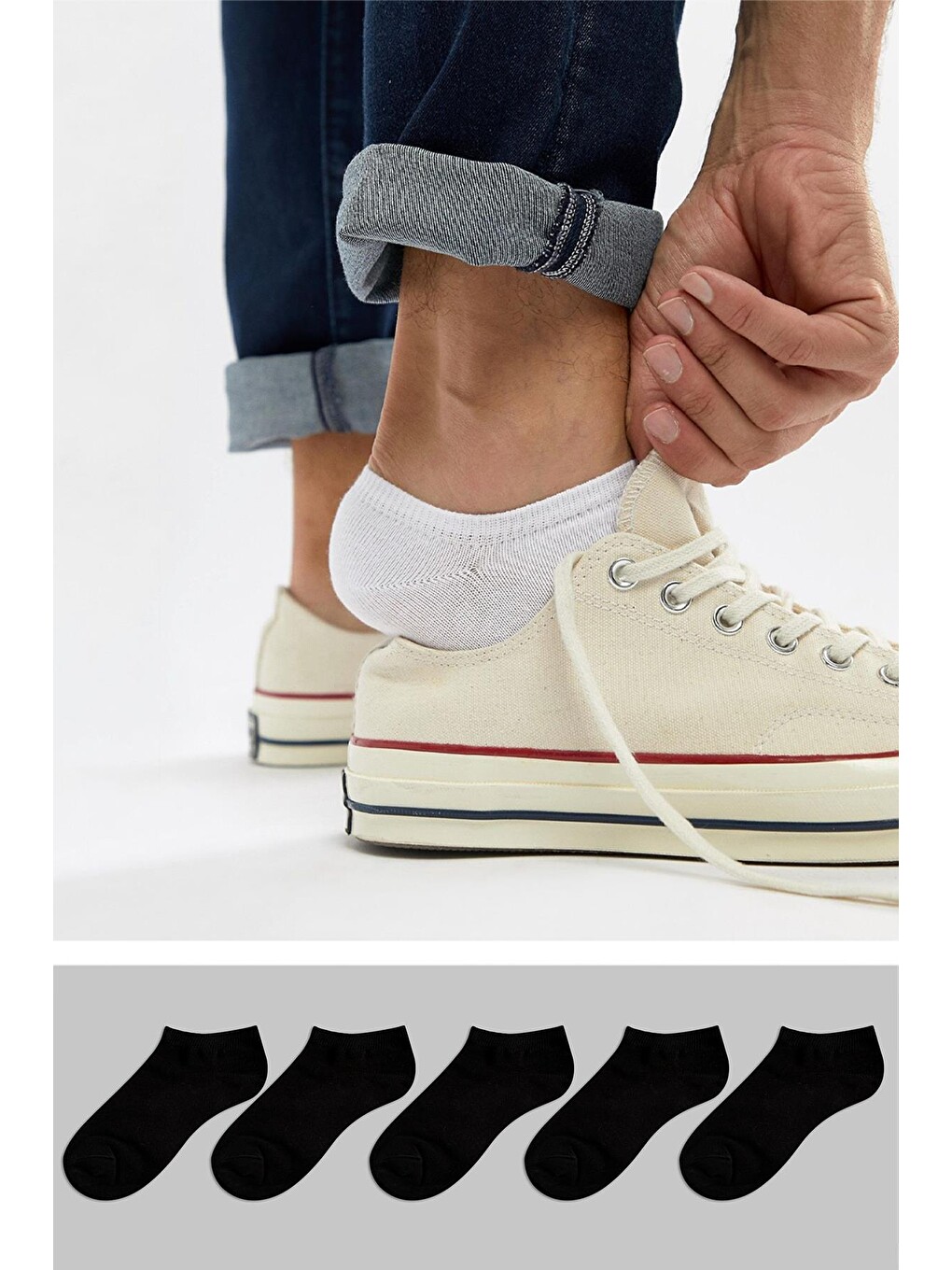 Siyah 5'li Paket %80 Pamuklu Görünmez Boy Sneakers Erkek Çorap-1