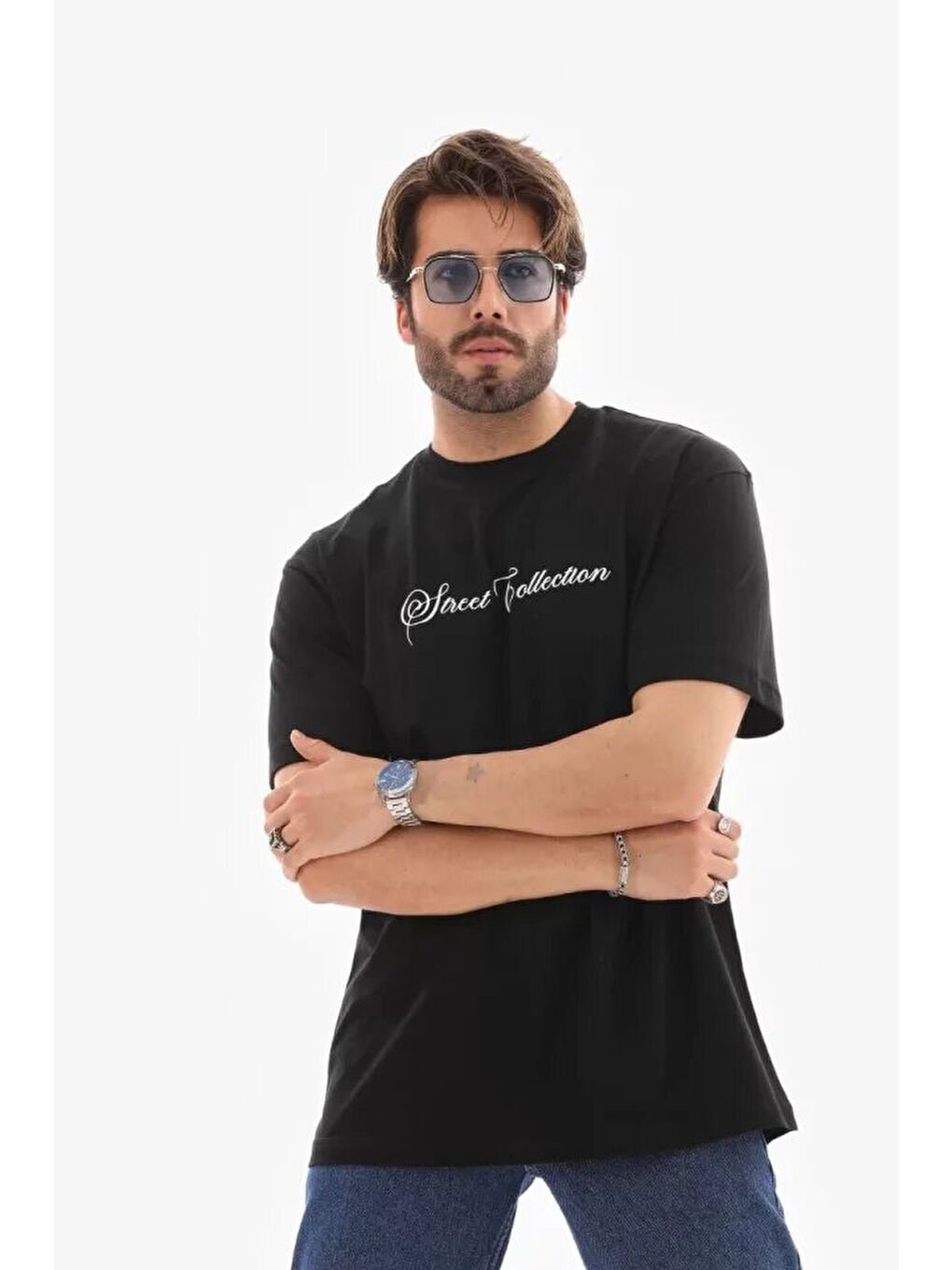 Siyah Unisex Bisiklet Yaka Baskılı Oversize Tişört-2