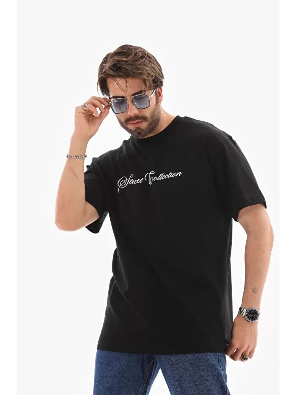 Siyah Unisex Bisiklet Yaka Baskılı Oversize Tişört-3