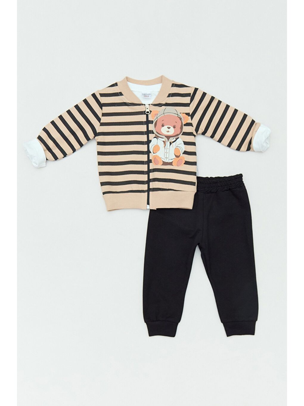 Bej %100 Pamuk Ayıcık Baskılı 3 Lü Erkek Çocuk Takım