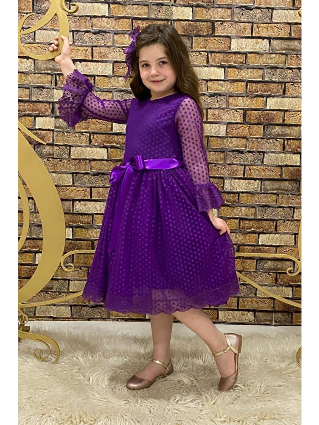 Mor Dantel Tokalı Kız Çocuk Elbise
