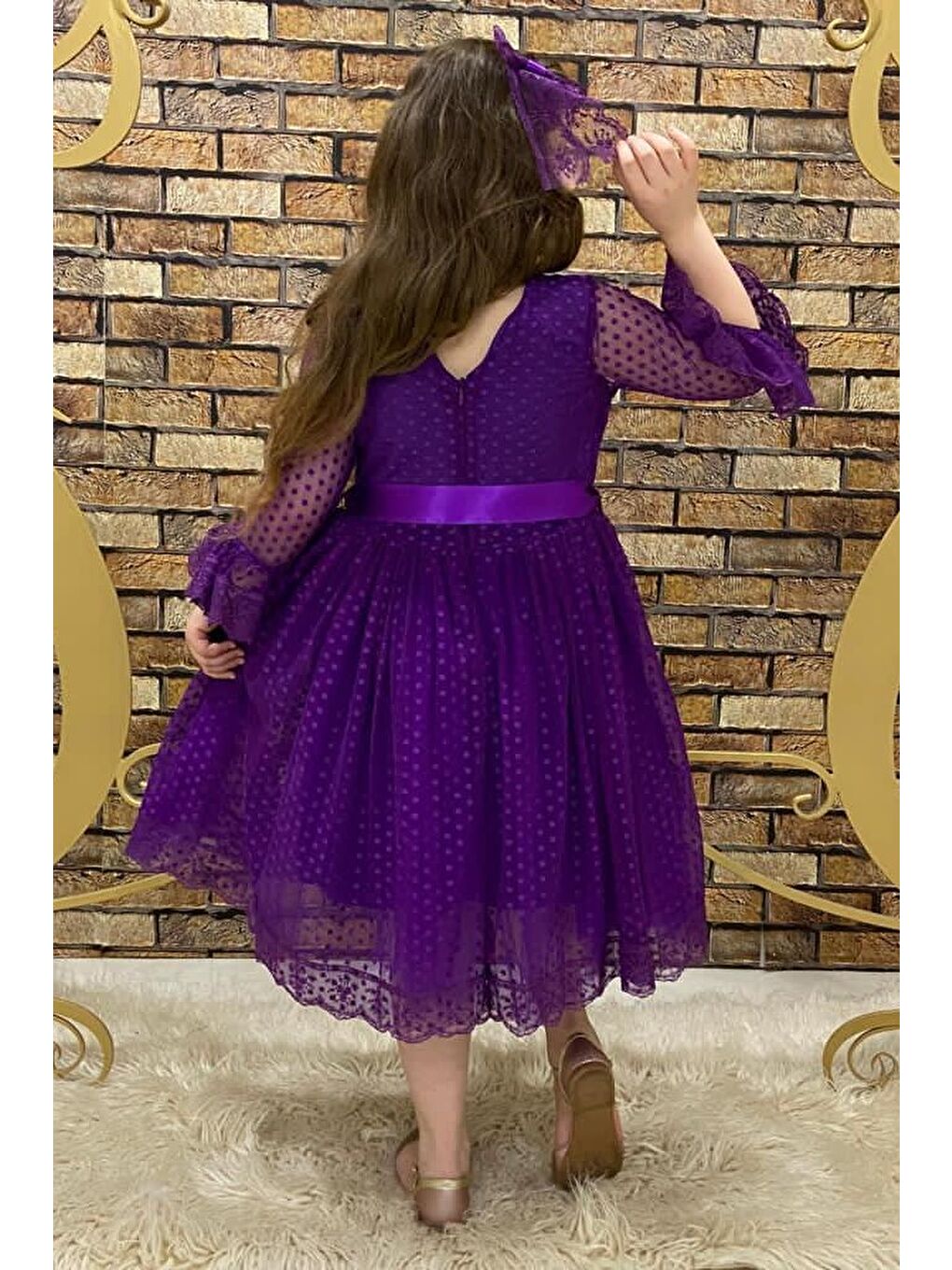 Mor Dantel Tokalı Kız Çocuk Elbise-1