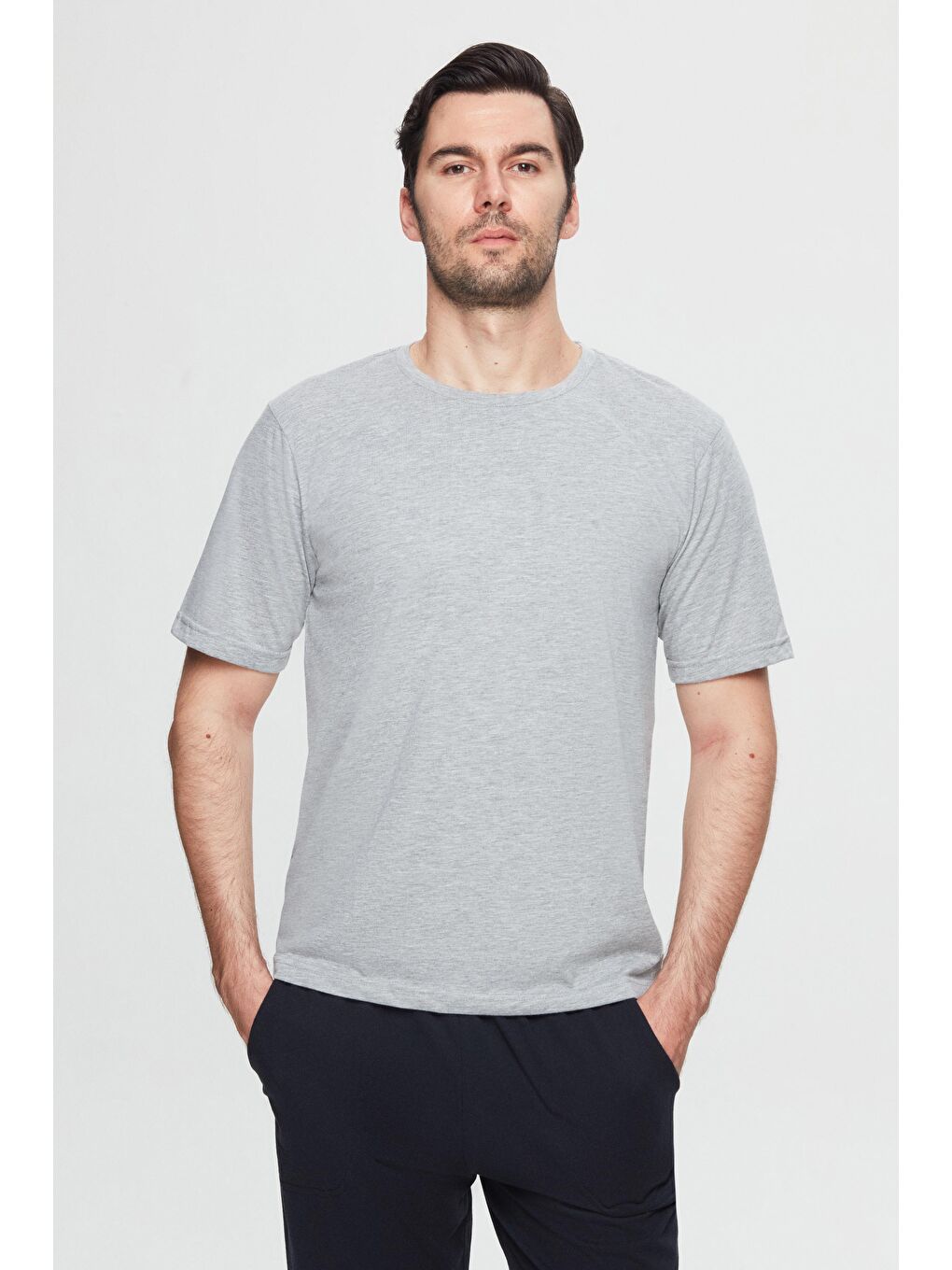 Gri Melanj %100 Pamuklu Kısa Kollu 2'Li Pijama Takimi-1