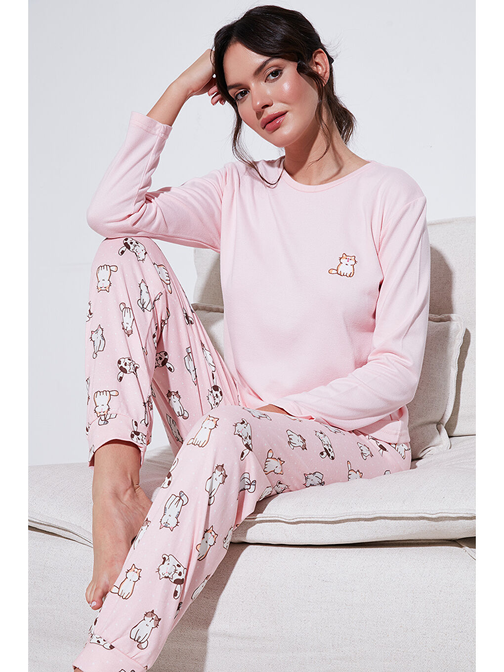 Lela Açık Pembe Streç Regular Fit Beli Lastikli Bisiklet Yaka Kadın Pijama Takımı 65714101