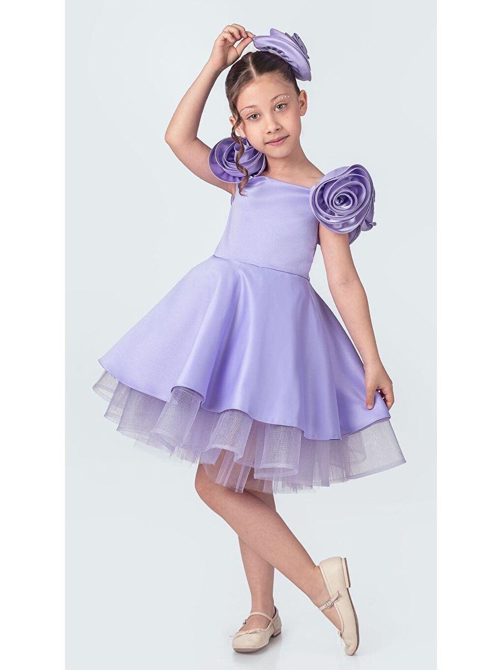 Mor Fanari Krep Saten Gren Destekli Kız Abiye M00735