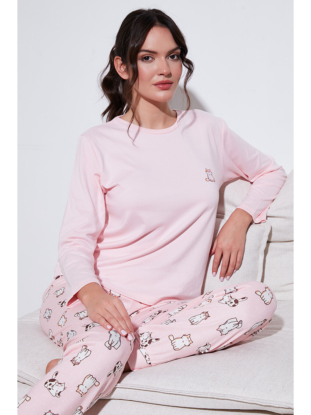 Lela Açık Pembe Streç Regular Fit Beli Lastikli Bisiklet Yaka Kadın Pijama Takımı 65714101 - 1