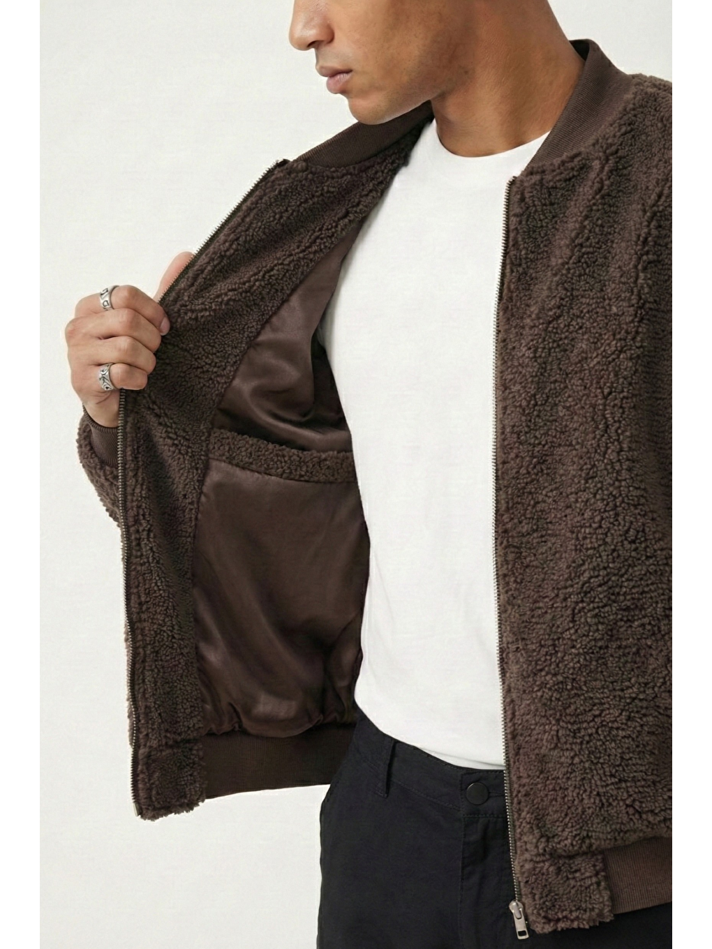 Kahverengi Erkek Mont Pelüş İçi Astarlı Oversize Geniş Kalıp Sherpa Kuzu Kumaş Spor Mont-1