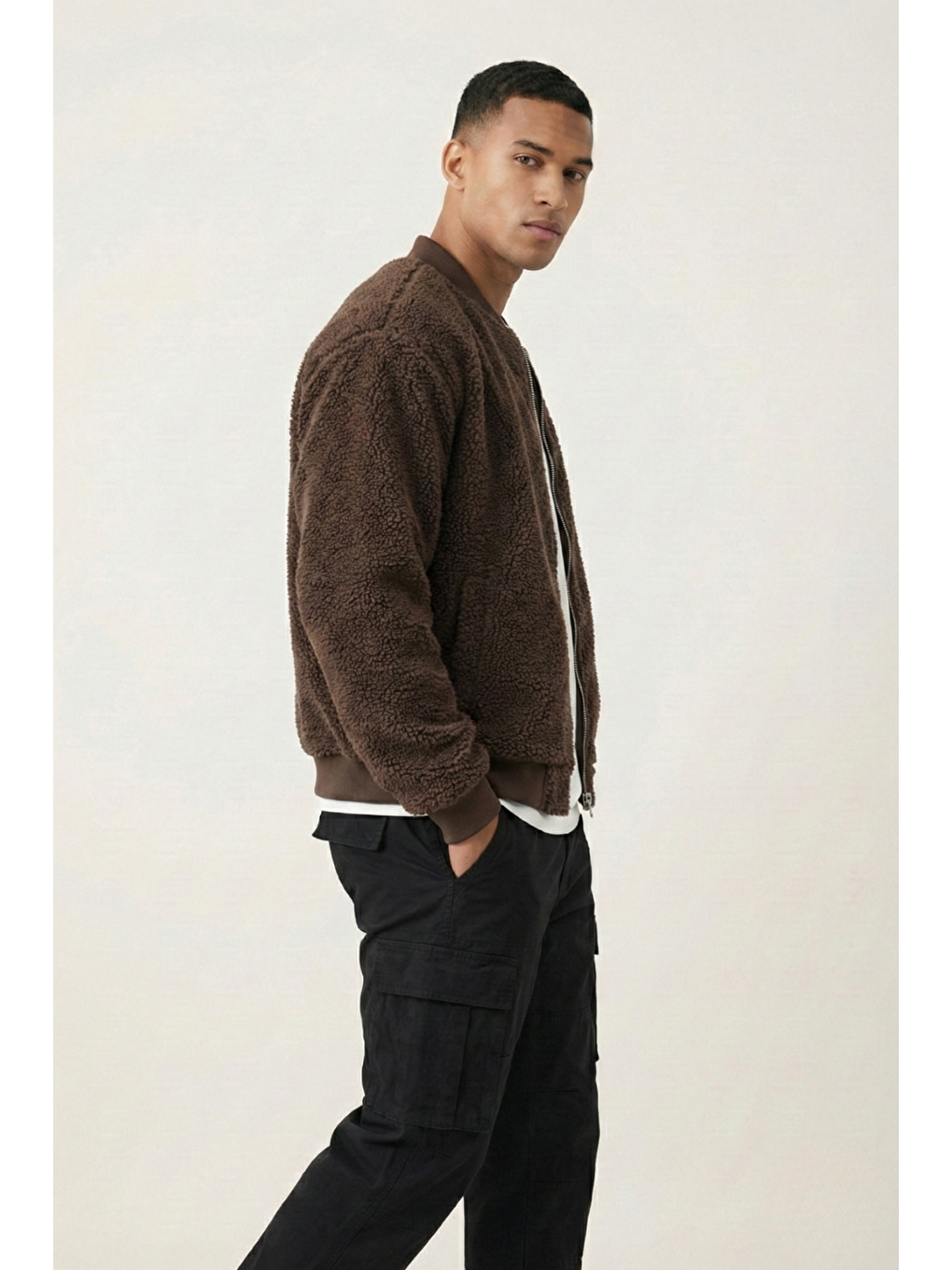 Kahverengi Erkek Mont Pelüş İçi Astarlı Oversize Geniş Kalıp Sherpa Kuzu Kumaş Spor Mont-2