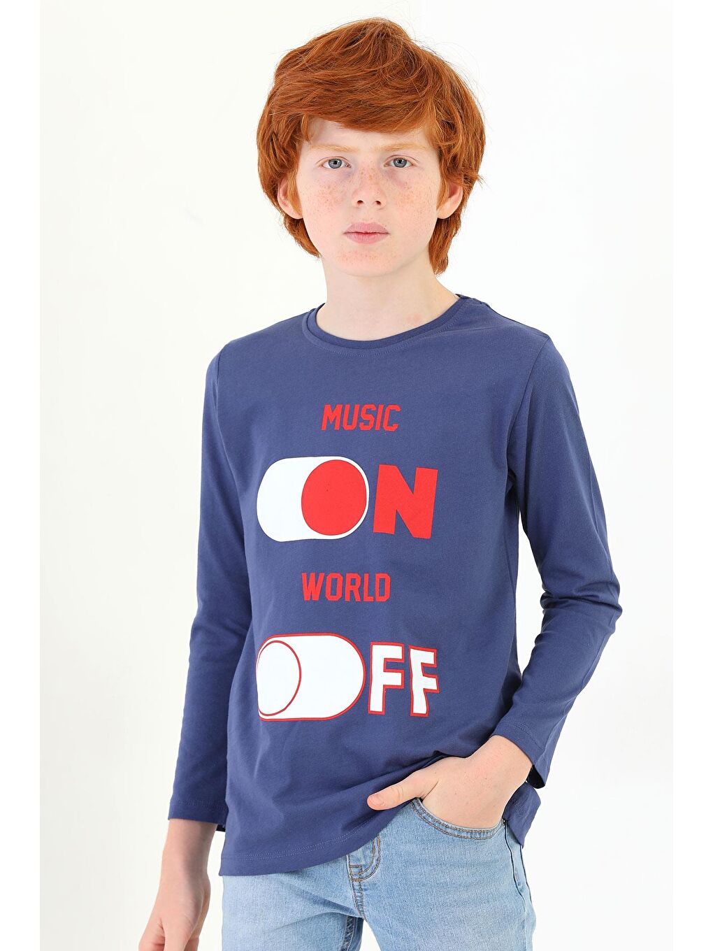 İndigo Bisiklet Yaka Uzun Kol Musıc On Baskılı Uzun Kol Indigo Renk Erkek Çocuk Tshirt-1
