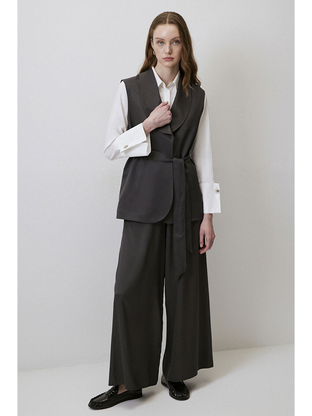 Antrasit Yelek Pantolon Saten Takım