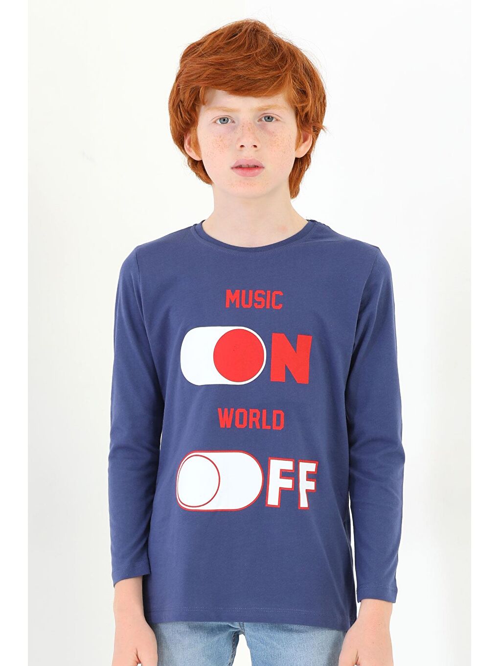 İndigo Bisiklet Yaka Uzun Kol Musıc On Baskılı Uzun Kol Indigo Renk Erkek Çocuk Tshirt-3